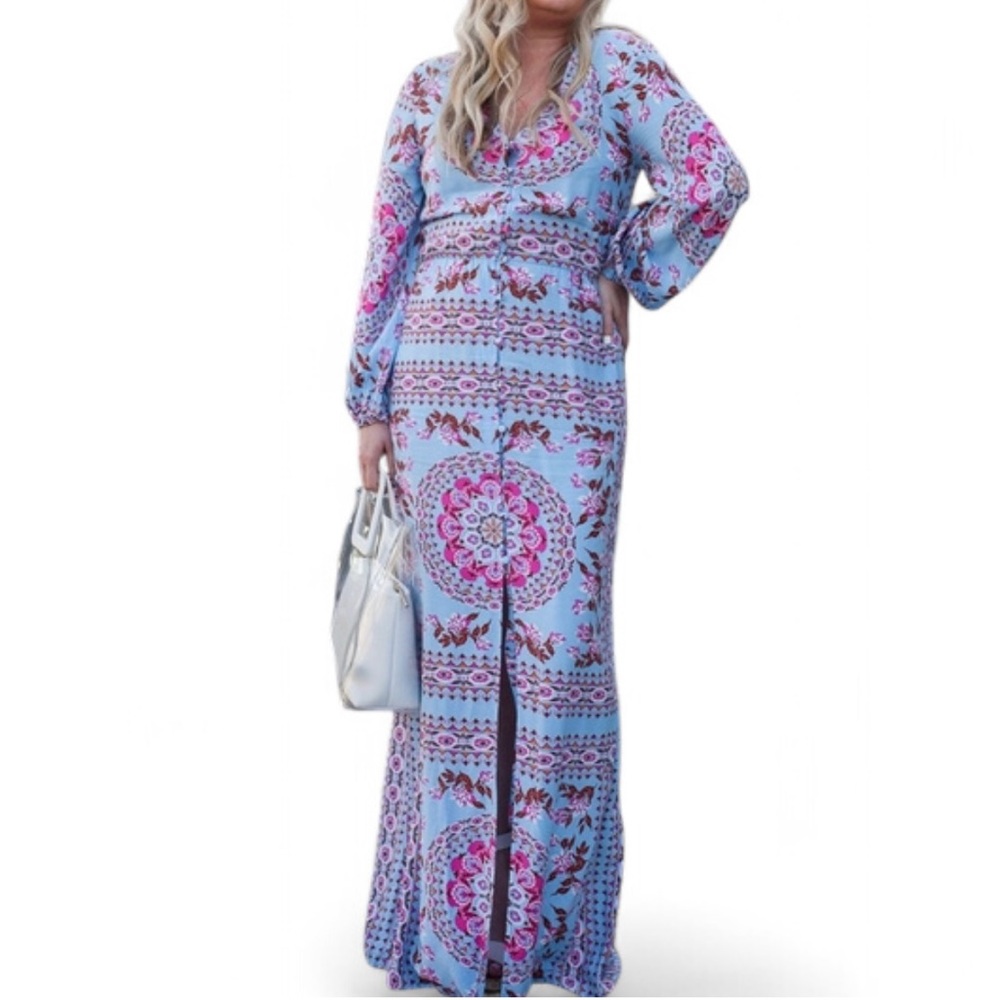 Entro Women’s Long Sleeve Bohemian Festival Vibes Button Down Maxi Dress Size L - Picture 9 of 9